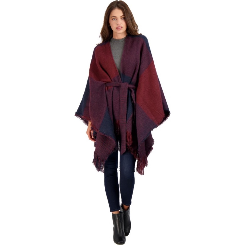 White/grey/black Halston Ruana Belted Poncho Sweater NWT